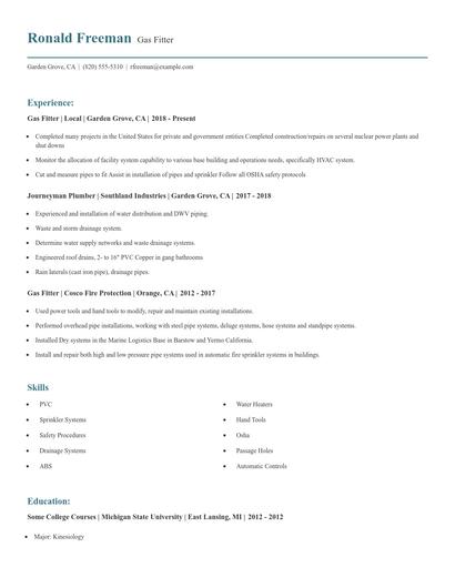 Gas Fitter Resume