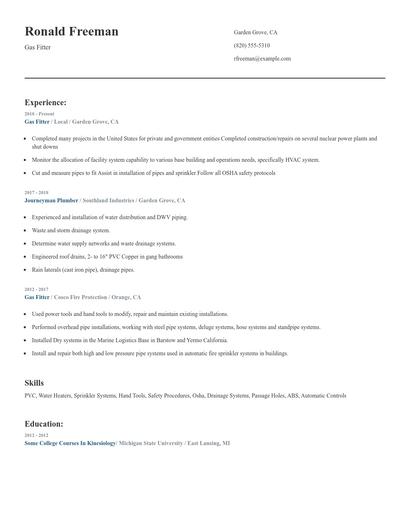 Gas Fitter Resume