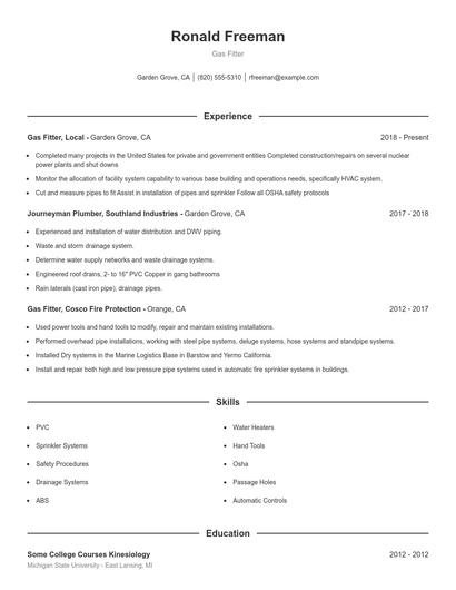 Gas Fitter Resume