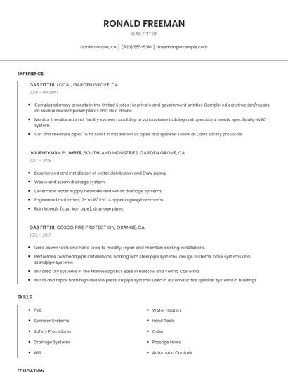 Gas Fitter Resume