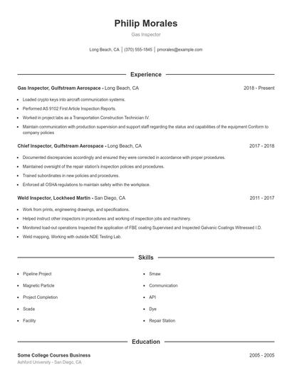 Gas Inspector Resume
