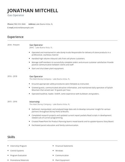 Gas Operator Resume