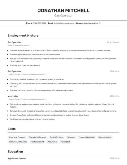 Gas Operator Resume