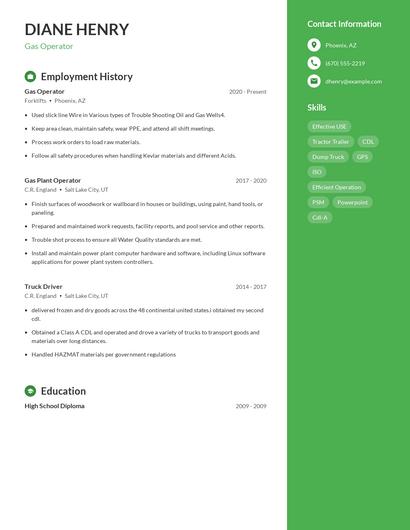 Gas Operator Resume