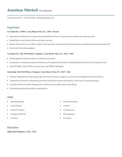 Gas Operator Resume