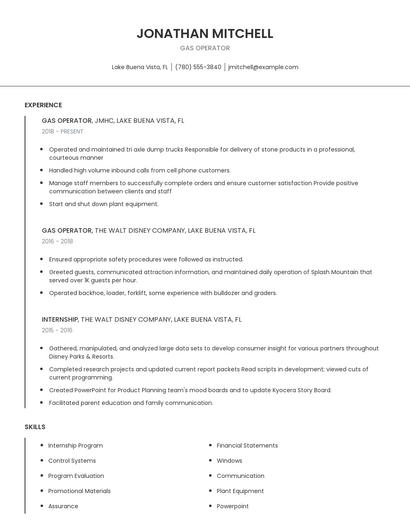 Gas Operator Resume