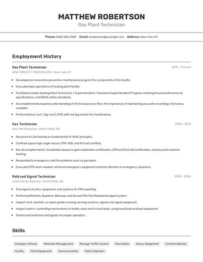 Gas Plant Technician Resume