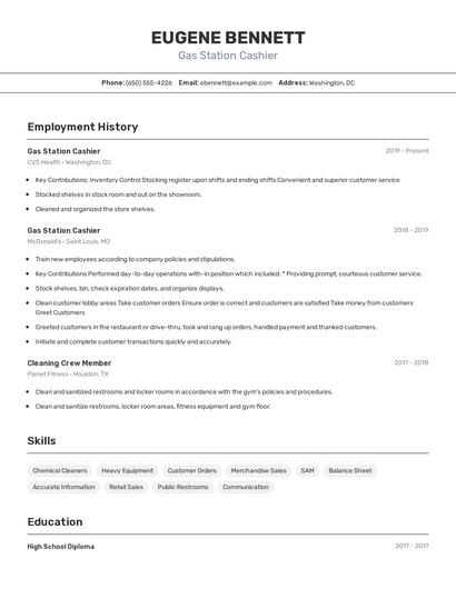 Gas Station Cashier Resume
