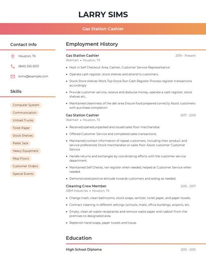Gas Station Cashier Resume