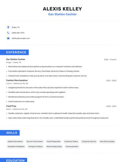 Gas Station Cashier Resume