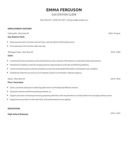 Gas Station Clerk Resume