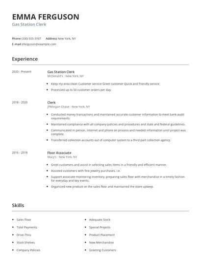 Gas Station Clerk Resume