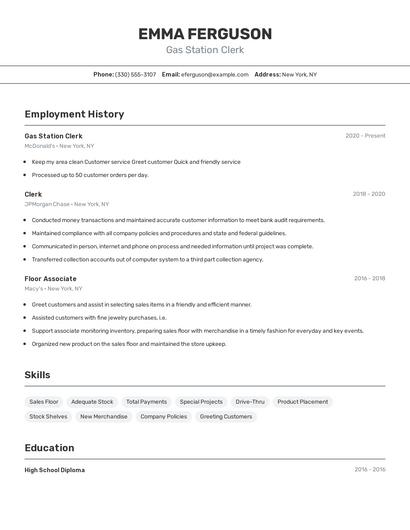 Gas Station Clerk Resume