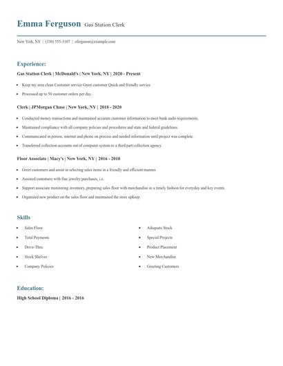 Gas Station Clerk Resume