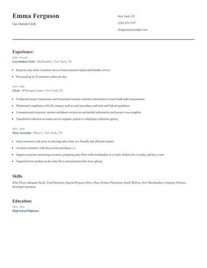 Gas Station Clerk Resume