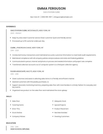 Gas Station Clerk Resume