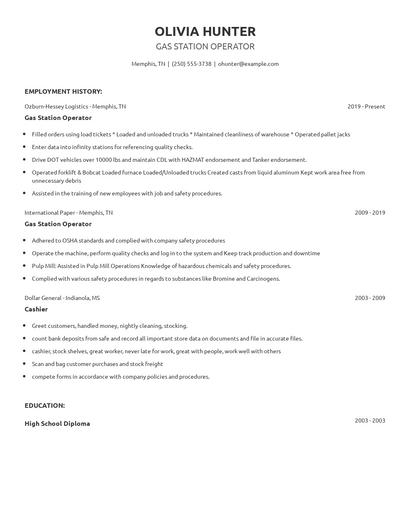 Gas Station Operator Resume