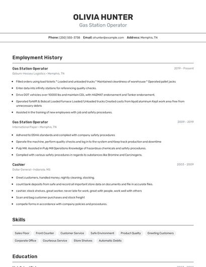 Gas Station Operator Resume