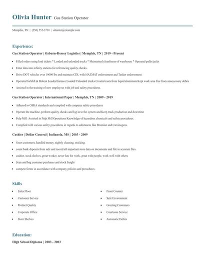 Gas Station Operator Resume
