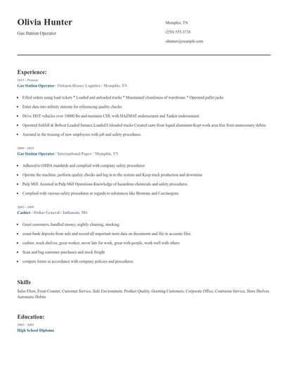 Gas Station Operator Resume