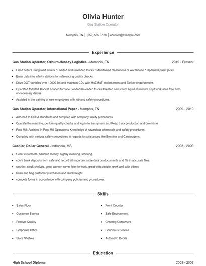 Gas Station Operator Resume