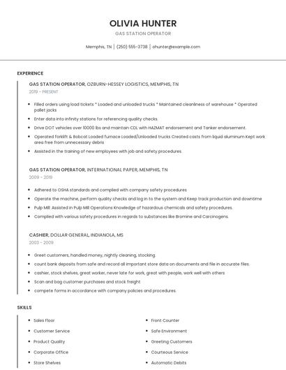 Gas Station Operator Resume
