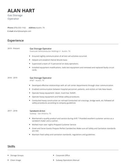 Gas Storage Operator Resume