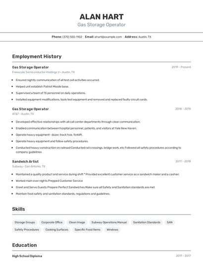 Gas Storage Operator Resume