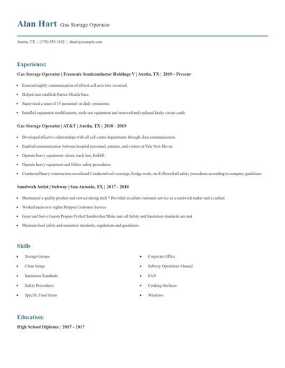Gas Storage Operator Resume