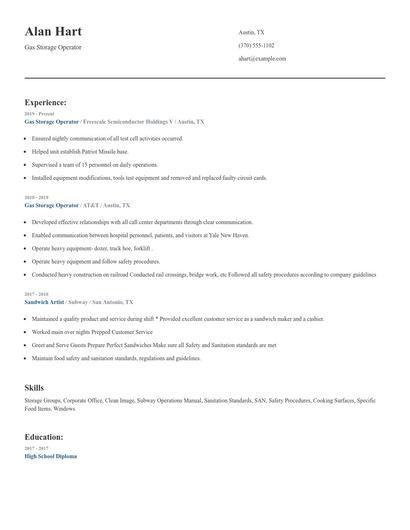 Gas Storage Operator Resume
