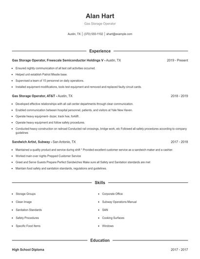 Gas Storage Operator Resume