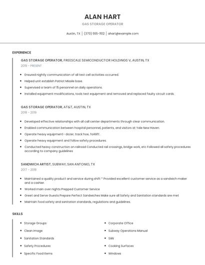 Gas Storage Operator Resume