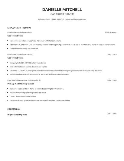Gas Truck Driver Resume