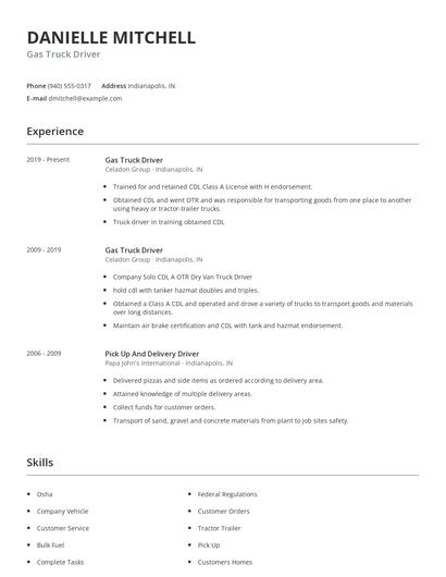 Gas Truck Driver Resume
