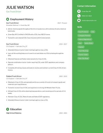 Gas Truck Driver Resume