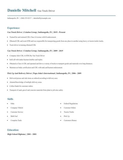 Gas Truck Driver Resume