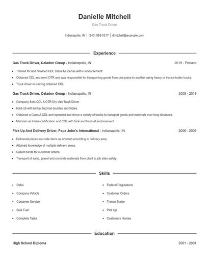 Gas Truck Driver Resume