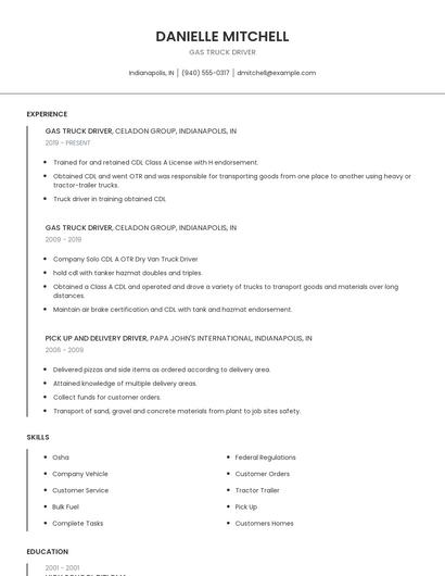 Gas Truck Driver Resume