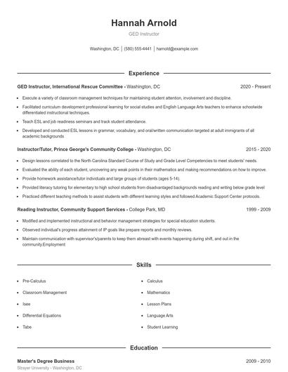 GED Instructor Resume