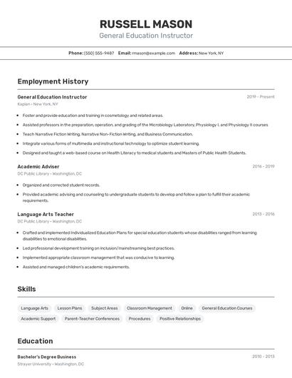 General Education Instructor Resume