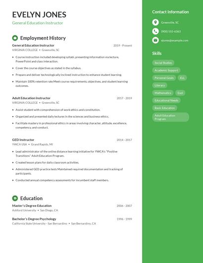 General Education Instructor Resume