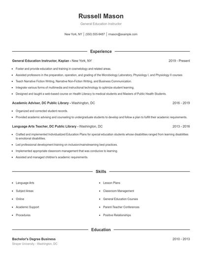 General Education Instructor Resume
