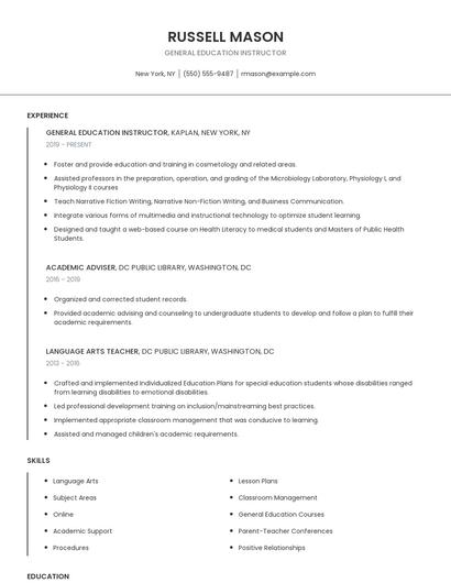 General Education Instructor Resume