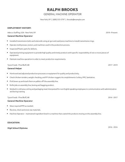 General Machine Operator Resume