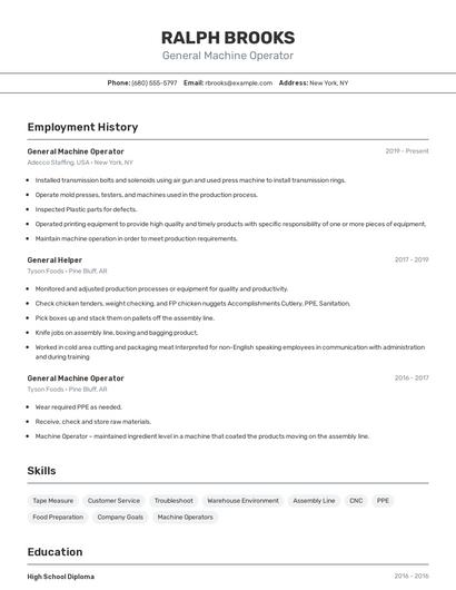 General Machine Operator Resume