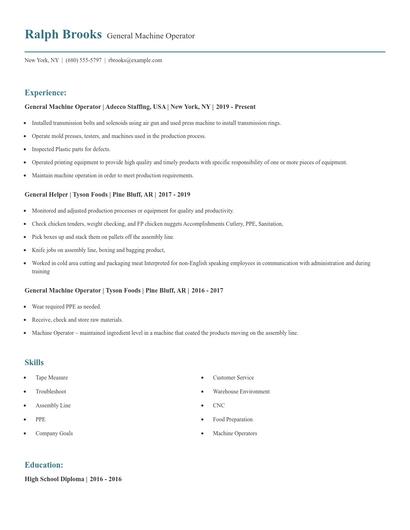 General Machine Operator Resume