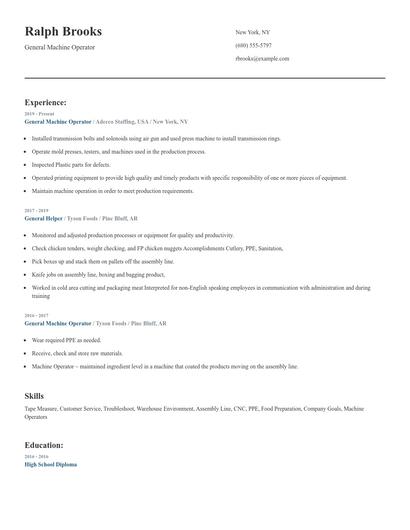 General Machine Operator Resume