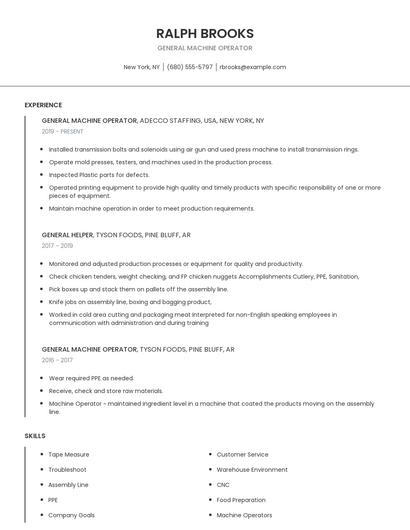 General Machine Operator Resume