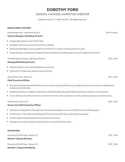 General Manager, Marketing Director Resume
