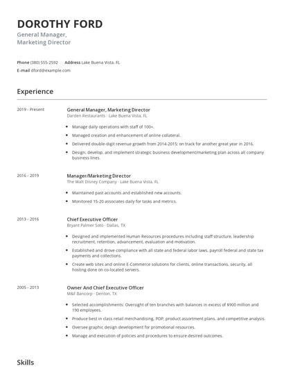 General Manager, Marketing Director Resume